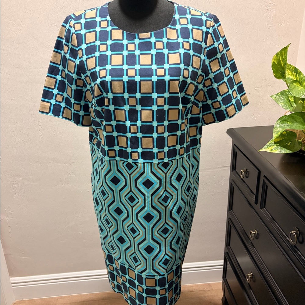MICHAEL Michael Kors Navy, Aqua and Tan Geometric Midi Dress
